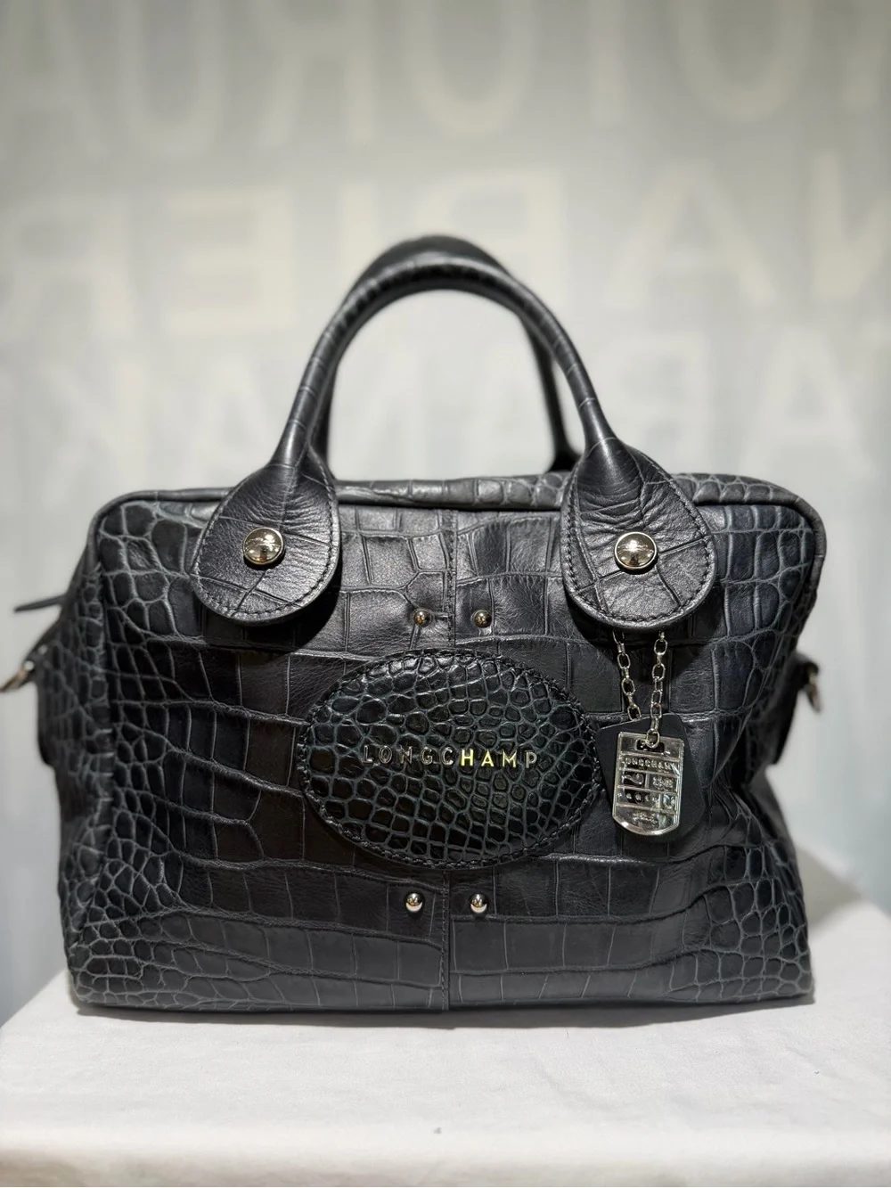 Longchamp Légende Black Gray Blue Croc-Embossed Leather Two Way Handbag